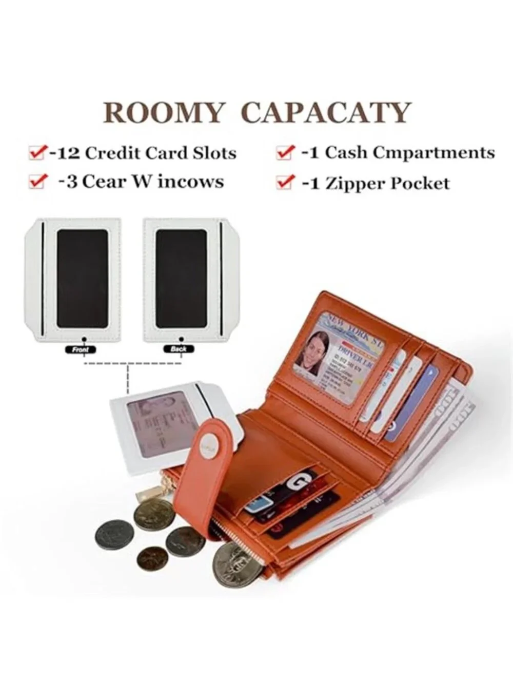 Womens RFID Bifold Wallet Vegan Leather Card Holder Coin Pocket ID Window Beige